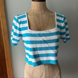 ZARA sz XL Striped Crop Top Bright Blue White Short Sleeve Knit